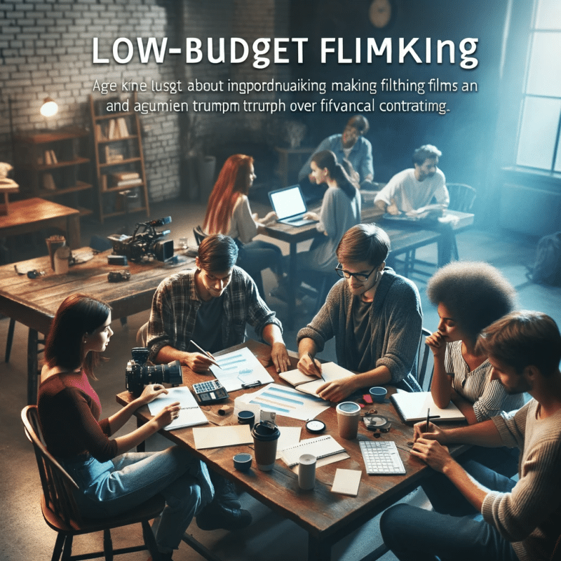 A group of independent filmmakers brainstorming around a table, with notepads, laptops, and a budget plan visible. The atmosphere is creative and ener