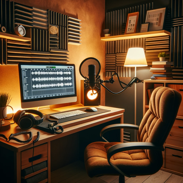DALL·E 2024 01 02 07.24.19 A cozy home recording studio setup for voice over work. The scene includes a high quality microphone acoustic foam on the walls a comfortable chair
