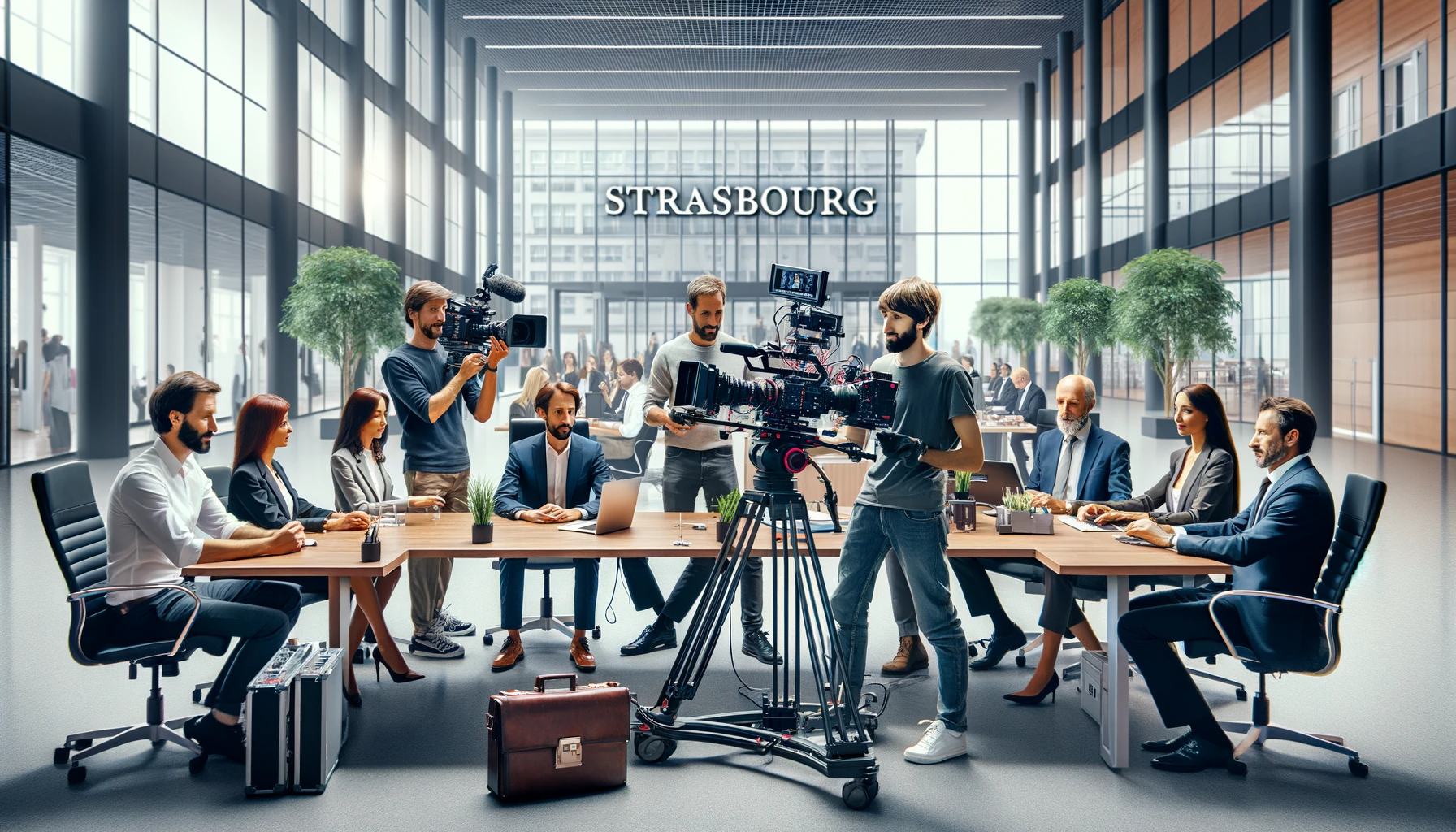 quipe de Production en Action : Une scène montrant une équipe professionnelle de Suprahead Studio travaillant sur un film institutionnel à Strasbourg, dans un environnement d'entreprise.