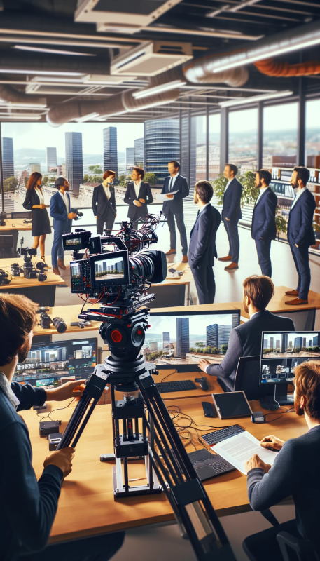 Équipe de Production en Action : Une scène montrant une équipe professionnelle de Suprahead Studio travaillant sur un film institutionnel à Strasbourg, dans un environnement d'entreprise.