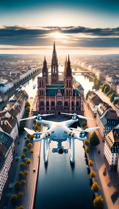 Drone Capturant Strasbourg : Un drone capture des images aériennes spectaculaires des sites emblématiques de Strasbourg, démontrant la qualité de la cinématographie aérienne de Suprahead Studio.