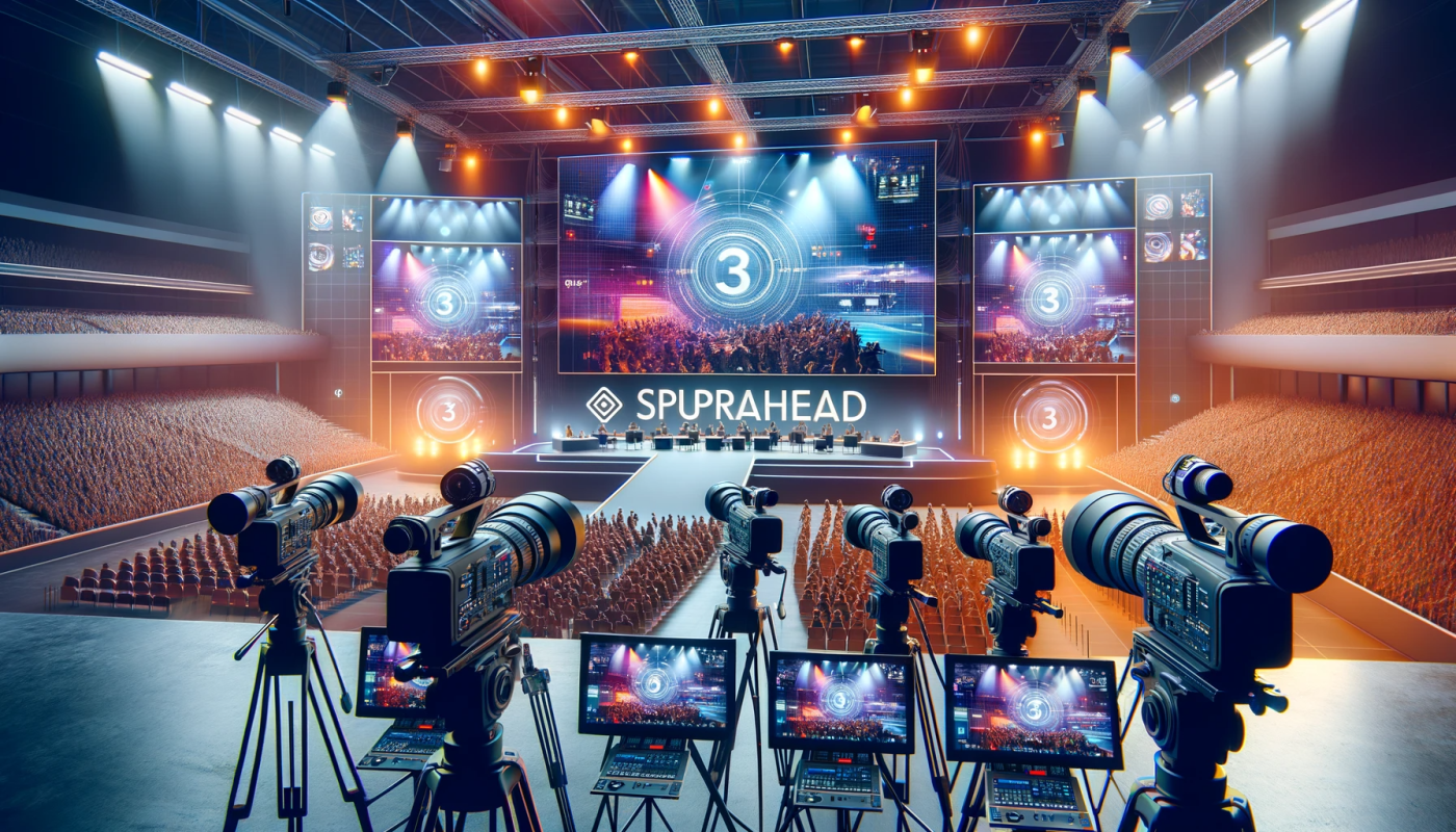 Événement en Direct Dynamique : Un événement en streaming live organisé par Suprahead Studio, montrant plusieurs caméras et écrans, capturant l'énergie et l'excitation du moment.