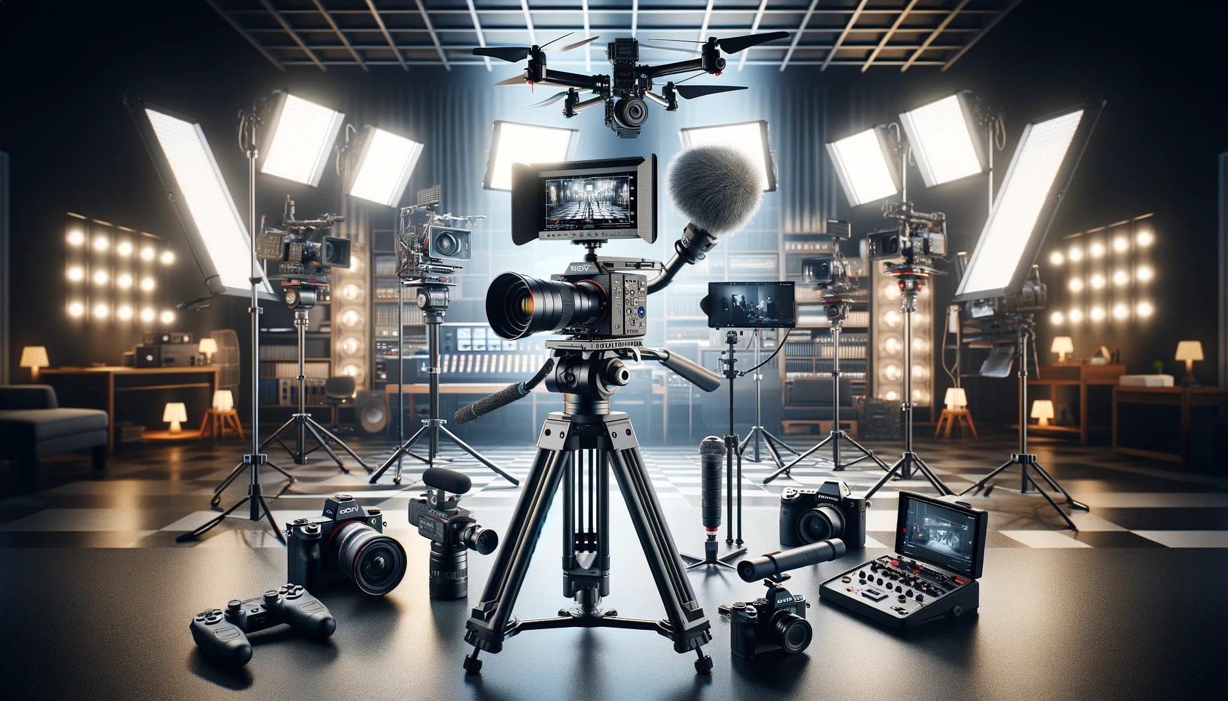 L'image illustrant un ensemble professionnel de production vidéo est prête. Elle représente une scène avec divers équipements de production vidéo haut de gamme, dont des caméras Sony, Panasonic et Blackmagic, des équipements d'éclairage Aputure, des microphones Rode, et un drone DJI, le tout dans un cadre dynamique et professionnel.
