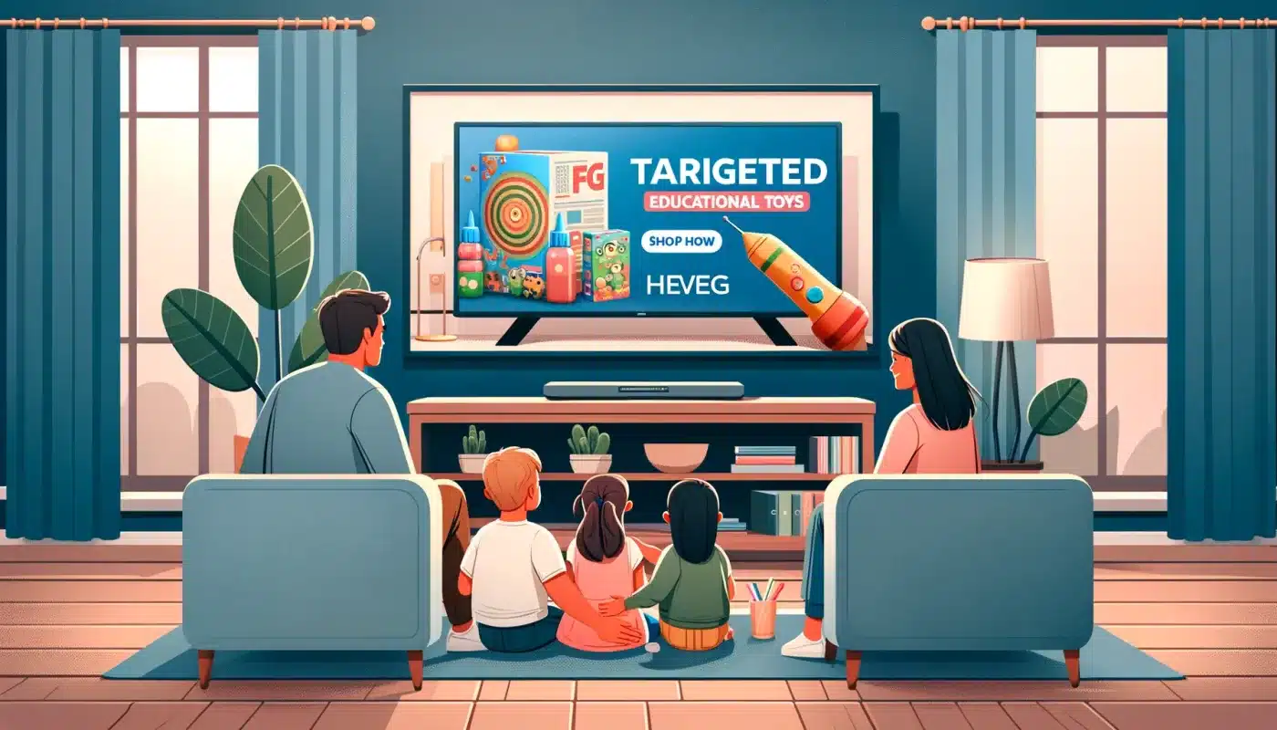 DALL·E 2024 03 15 18.01.18 Illustrate a family with young children watching a targeted advertisement for educational toys on their TV in a cozy modern living room. The TV scree