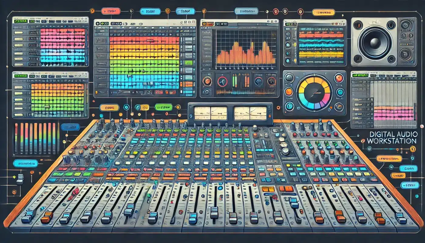 DALL·E 2024 07 23 11.51.00 An illustration showing a detailed digital audio workstation DAW interface highlighting different sections like the mixer rack and sequencer. The