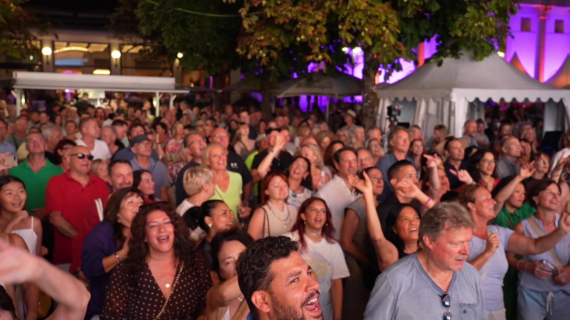 Le public du concert de Moabi Village en plein air, bras levés